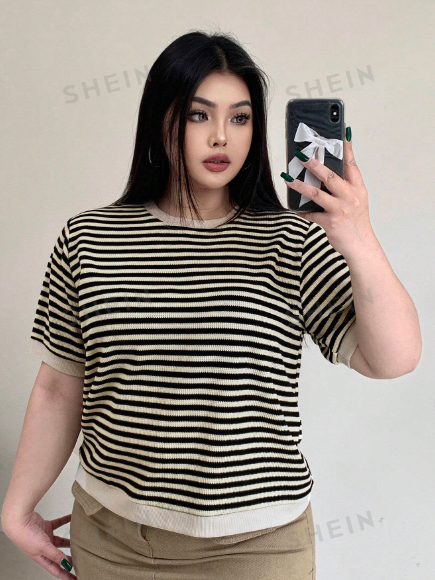 Dazy Petite Plus Plus Size Summer Casual Round Neck Striped Short Sleeve T-Shirt