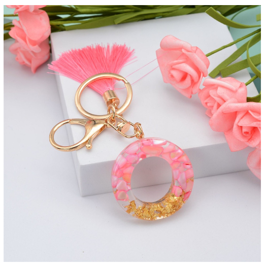Pink Tassel Gold Foil 26 Letter Pendent Keychain for Women Resin Keyrings Girls Bag Ornamant Accessories Gifts O