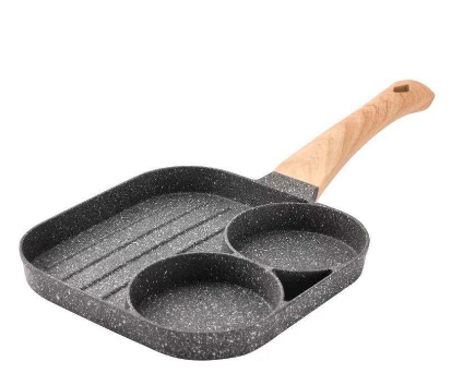 3 Hole Omelet Pan for Burger Egg Ham Pancake Maker Wooden Handle Frying Pot Cook