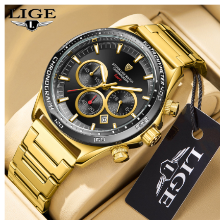 LIGE Men Original High Quality Stainless Quartz Wristwatches Waterproof Chronograph Unique Design Watch GOLD BLACK