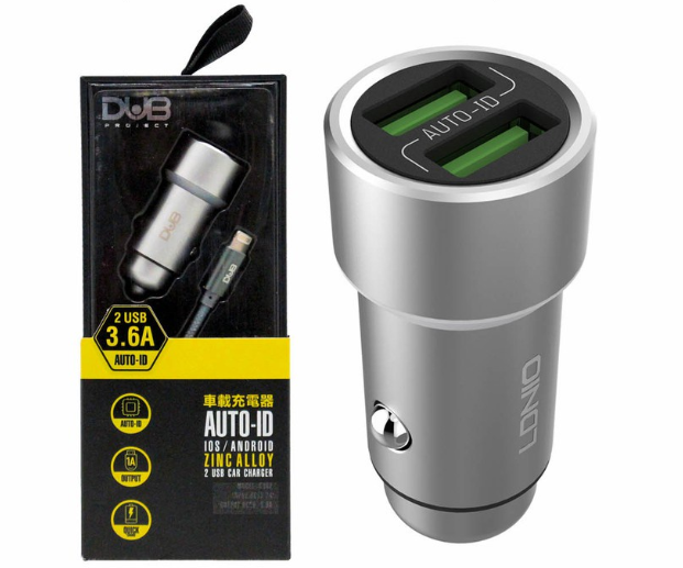 Dub Car Charger Zinc Alloy w/ Data Cable (IOS) Dual USB 3.6A C302 for iOS and Android