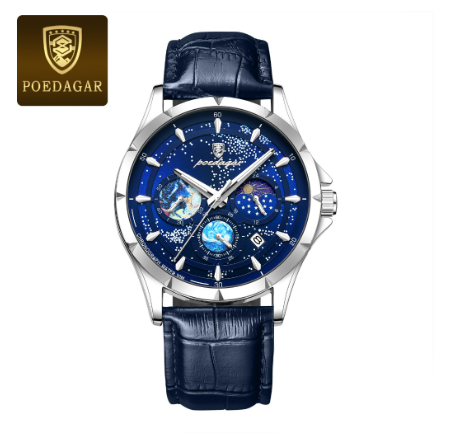 POEDAGAR chronograph watch for men waterproof original multifunctional genuine leather calendar luminous Watch SILVER BLUE