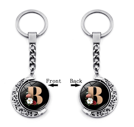 1PC Exquisite 26 Letter Glass Keychains Double Sides Moon Flower A-Z Initials Keyrings Handbag Charms Ornaments Gifts B