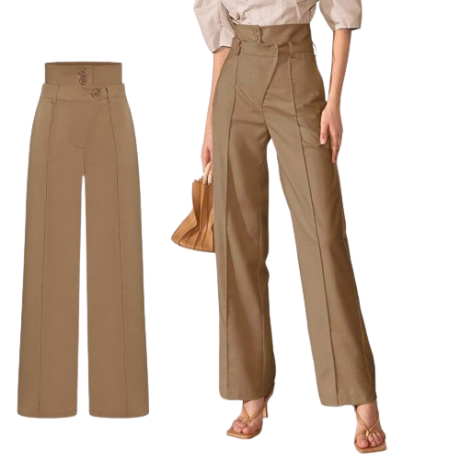 Lovito Women Elegant Loose High Waist Double Button Pocket Pants L59ED095 (Khaki)