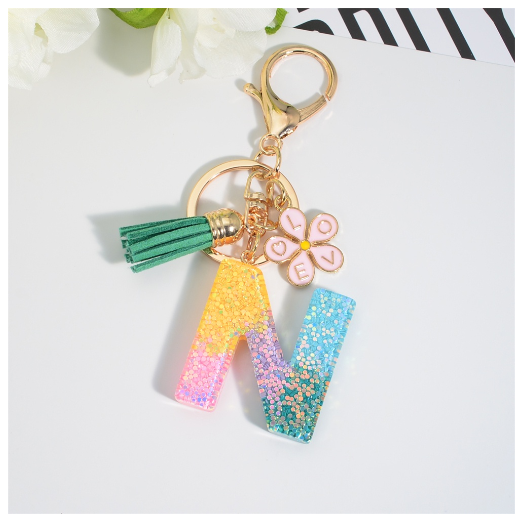 Fashion 26 Letter Resin Keychain A-Z Round Sequins Filled Alphabet Flower Pendant Keyring with Tassel Bag Ornament Accessories N