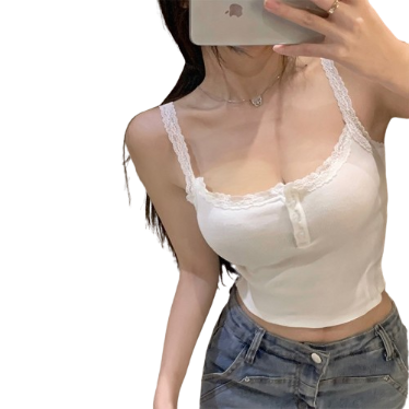 Lovito Women Casual Plain Lace Button Tank Top LNA26308 (White)