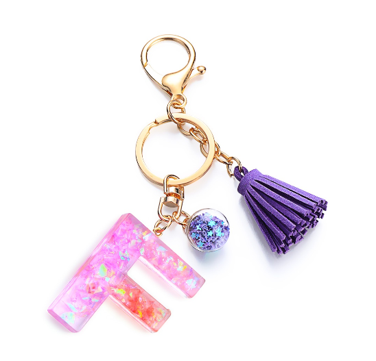 Cute Creative 26 Letter Alphabet Crystal Glitter Resin Keychain Women Tassels Keyring Car Key Holder Bag Charms Accessories F
