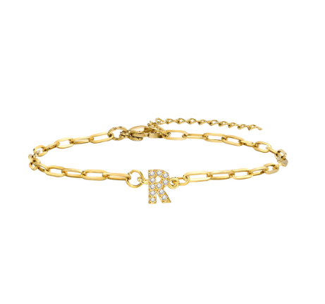 Vnox 18K Gold Zircon Initial Bracelet,Letter Charm Link Stainless Steel Flat Cross Bracelet R