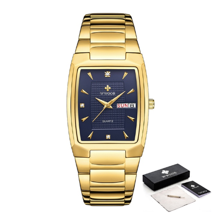 Wwoor Watch Men With Automatic Week Date Luxury Stainless Steel Gold Mens Quartz Wrist Watch BLUE DIAL GOLD CASE STRAP