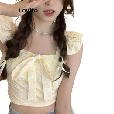 Lovito Women Cute Ditsy Floral Bow Front Tank Top LNE39390 (Light Yellow)