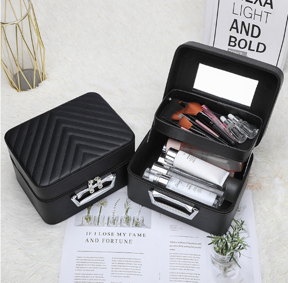 Gladking Portable Layered Makeup Organizer Box With Mirror Black