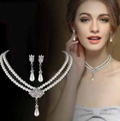 Elegant Pearl Rhinestone Necklace Fashion Accessories Set Bridal