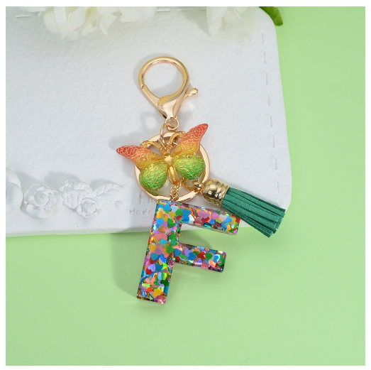 Fashion Butterfly Pendant 26 Letter Keychain Heart Sequins Filled A-Z Initial Key Chains With Tassel Bag Charms Accessories Gift F