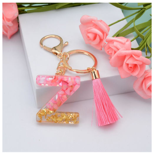 Pink Tassel Gold Foil 26 Letter Pendent Keychain for Women Resin Keyrings Girls Bag Ornamant Accessories Gifts Z