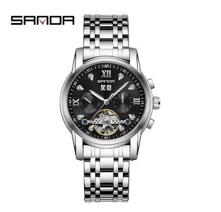 Sanda Official Fully Automatic Mechanical Steel Band Watch Fashion Hollow-out Men's Luminous Swimming Watch SILVER BLACK