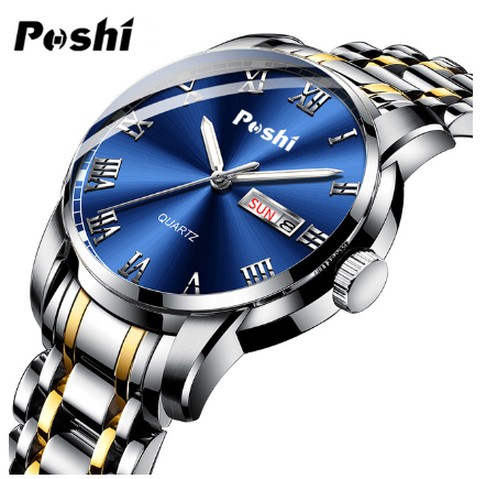 POSHI Dual Calendar Watch Men Waterproof Luminous Automatic Stainless Steel Quartz 04
