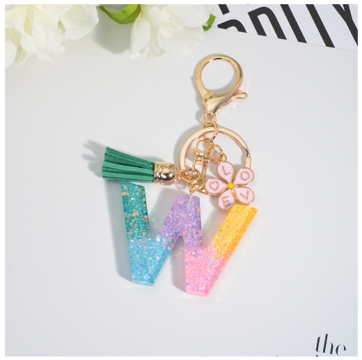 Fashion 26 Letter Resin Keychain A-Z Round Sequins Filled Alphabet Flower Pendant Keyring with Tassel Bag Ornament Accessories W