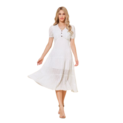 Lovito Women Boho Plain Button Ruffle Neck Tiered Layer Lining Dress LBL06024 (White)