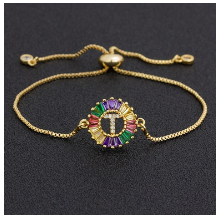 New Fashion A-Z Initial Colorful Cubic Zircon Letter Bracelets Adjustable Chain Rainbow Jewelry T