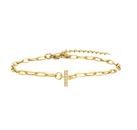 Vnox 18K Gold Zircon Initial Bracelet,Letter Charm Link Stainless Steel Flat Cross Bracelet I