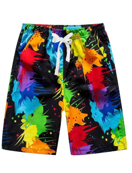 Men's Graffiti Printed Drawstring Elastic Waist Wide-Leg Beach Shorts For Vacation