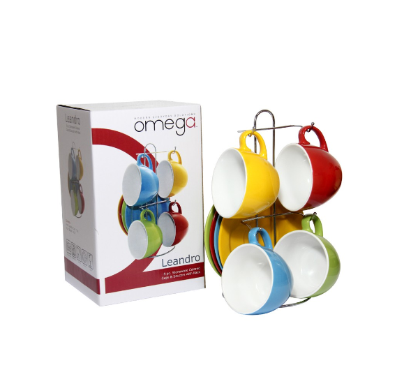 Omega Houseware Leandro 4pc Colored Ceramic Cup and Saucer Set