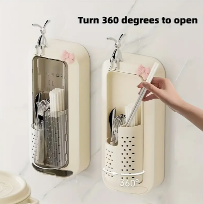 1pc Household Chopsticks Storage Box, Wall Hanging Chopsticks Holder, High Appearance Kitchen Perforation-free Multi-function Chopsticks Drain Rack, Multi-cell Chopsticks Storage Box, Kitchen Accessor