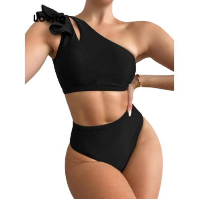 Lovito Women Elegant Plain Ruffle Bikini Sets LNL37118 (Black)