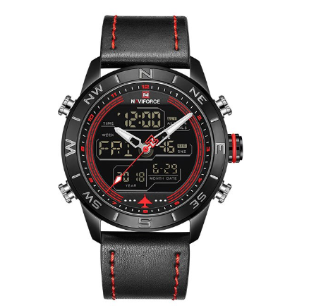 Naviforce Nf9144 Men Fashion Gold Sport Led Digital Quartz Army Military Leather Analog Watches RED BLACK