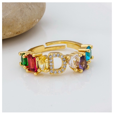 Hot Sale Adjustable A-Z 26 Initial Ring Bohemian Copper Zircon Rainbow Letter Rings for Women Girls Jewelry D