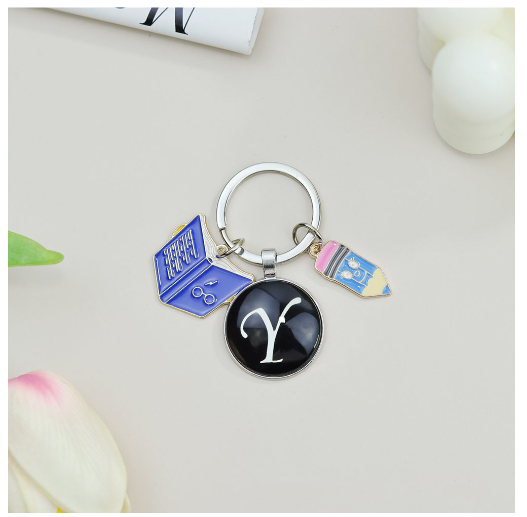 1Pcs Simple Glass 26 Letter Keychains Fashion Book Pencil A-Z Initials Keyrings Student Gifts Souvenir Handbag Pendant Ornament Y