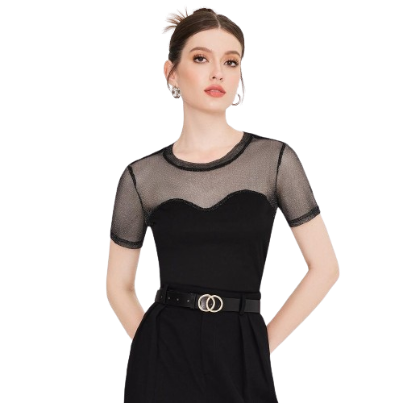 Lovito Elegant Plain Contrast Mesh T-Shirt for Women L51ED046 (Black)