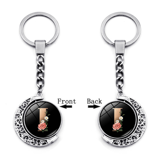 1PC Exquisite 26 Letter Glass Keychains Double Sides Moon Flower A-Z Initials Keyrings Handbag Charms Ornaments Gifts I