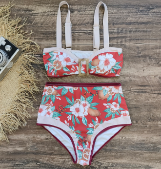 European and American High Waist Print Bikini Bandeau Sling Two Pieces Swimsuit Female Bikini