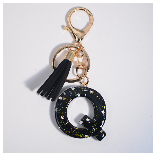 Black A-Z 26 Letter Key Chain Fashion Star Sequin Filled Initials Keyrings For Women Bag Ornaments Charm Car Key Holder Gifts Q