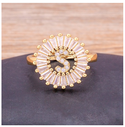 Initial 26 Alphabet Adjustable Size Gold Color Zircon A-Z Letter Ring Statement Name Jewelry S