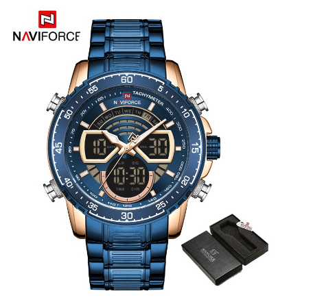 Naviforce Nf9189 Men Luxury Brand Sport Chronograph Stainless Steel Digital Analog Watches ROSEGOLE BLUE