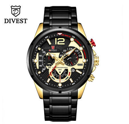 DIVEST Luxury Brand Men's Watches Original Fashion Chronograph Luminous Business Men Watch Casual Sport Waterproof Watch GOLD BLACK