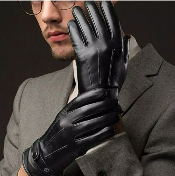 Men Touch Screen Gloves Black Button Warm Mittens Luxurious PU Leather Driving