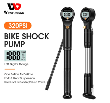 WEST BIKING 320 Psi High Pressure Bicycle Air Shock Pump Digital Gauge Hose Mtb Road Fork & Rear Suspension Absorber