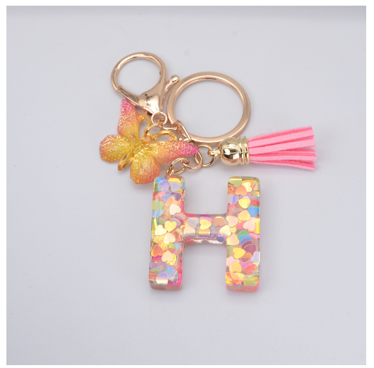 Exquisite 26 Letter Resin Keychain with Pink Tassel Gradient Butterfly Pendant Key Ring Women Bag Ornaments Accessories H