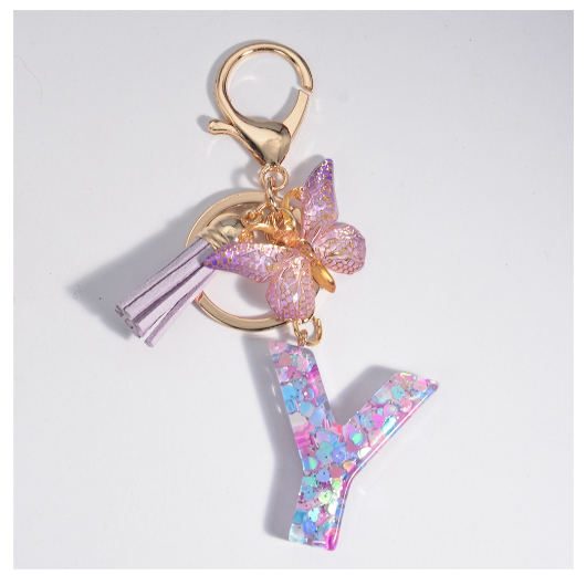 Sweet Heart Sequin Filled A-Z Letter Keychains With Tassel Fashion Butterfly 26 Alphabet Keyring Car Keyholder Birthday Gifts Y