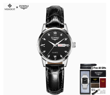 Zunpai Women Waterproof Stainless Steel Unisilver Gold Business Watch with Box SILVER BLACK