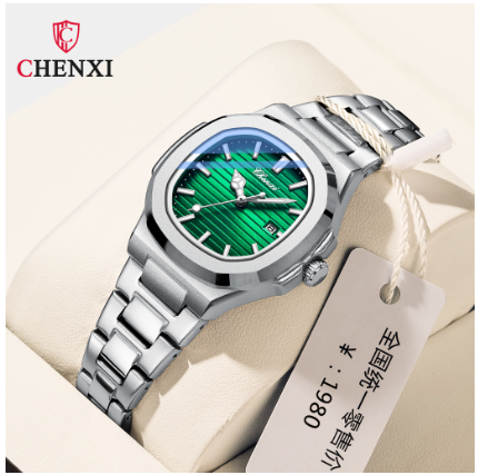 CHENXI watch for woman waterproof sale original 2023 new design stainless steel calendar luminous square Watch GREEN