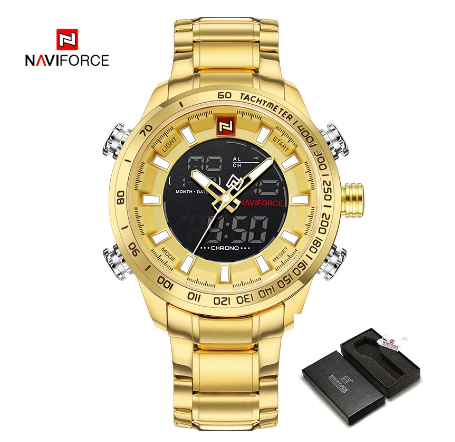 Naviforce Men Gold Dual Time Casual Fashion Stainless Steel Luminous Waterproof Wristwatch GOLD