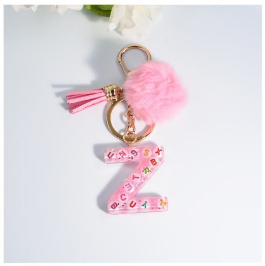 Exquisite Pink A-Z Letter Resin Keychain With Hairball 26 Initials Keyring Charms Women Bag Ornament Best Festival Gift Z