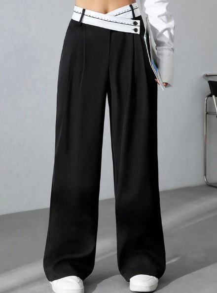 SHEIN Teen Girls' Black And White Color Block Overlap Belted High Waist Wide Leg Loose Fit Trousers For Office, Casual And Campus