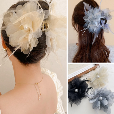 Feather Mesh Pearl Big Hair Clamps for Girls Summer Dress Temperament Hair Claw Clips for Women Fashion Shark Hair Clip Accessories Jewelry
