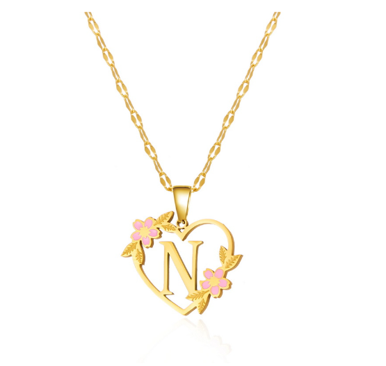 18K Gold Non Fading Letter Necklace Stainless Steel Personalized Initial A-Z Pendant Flower Non Black Necklace Jewelry Gift for Women Girlfriend N