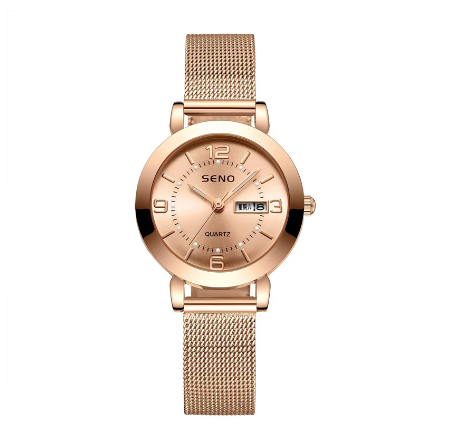 Seno Quartz Watches for Women Wristwatch Waterproof Calendar Stainless Steel Elegant Ladies Watch Female GOLD STEEL